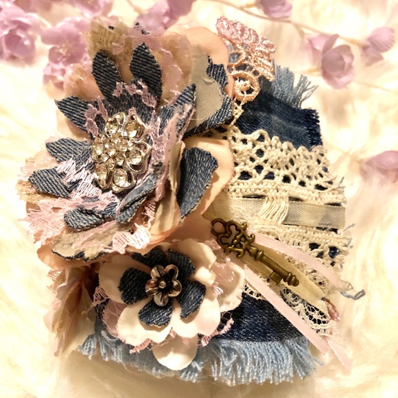 Denim Cuff Floral Pink Sabby Boho Chic Bracelet Handmade - Picture 2 of 8